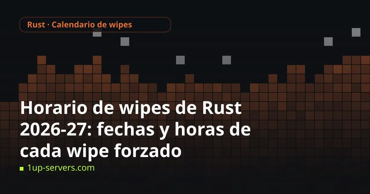 Pixel-block skyline in orange with the title Rust Wipe Schedule 2026–27: Every Forced Wipe Date and Time