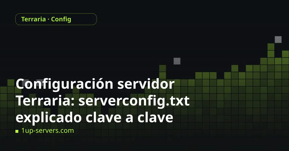 Pixel-block skyline in lime green with the title Terraria Server Config: serverconfig.txt Explained Key by Key