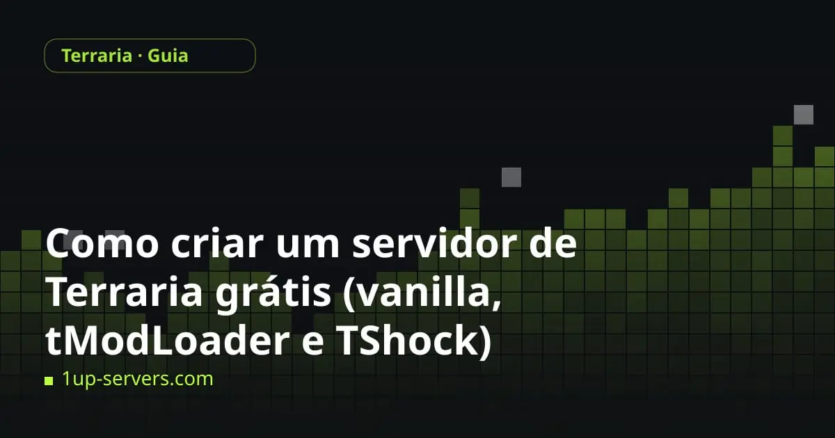 Colinas de blocos pixelados em verde-limão com o título deste guia de servidor de Terraria grátis