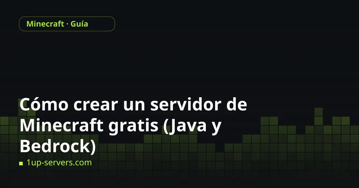 Pixel-block skyline in lime green with the title How to Make a Free Minecraft Server (Java & Bedrock)